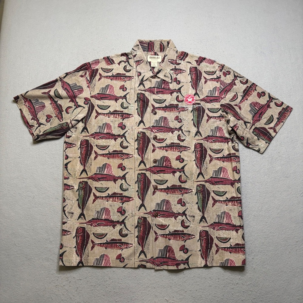 Kahala Shirt Mens Large Tan Avi Kiriaty Fish Print University of Hawaii Hilo L